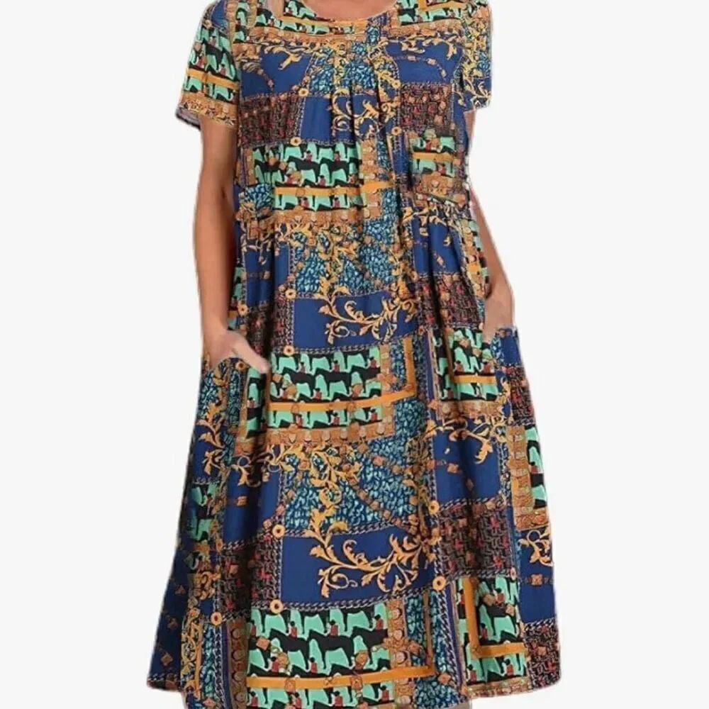 Womens Boho Floral Flowy Midi Dress Casual Loose Summer Short Sleeve Pockets